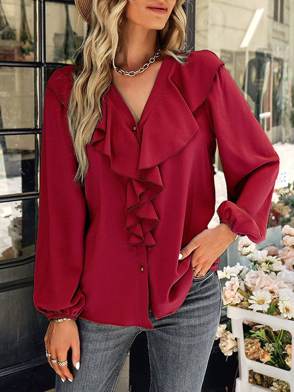 flowersverse Simple Long Sleeves Loose Falbala Solid Color V-Neck Blouses&Shirts Tops