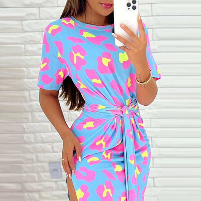flowersverse Women Leopard Short Sleeve Lace-Up Casual Dress