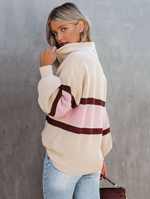 flowersverse Stylish Loose Solid Color& Contrast Color Striped Lapel Collar Sweater Tops