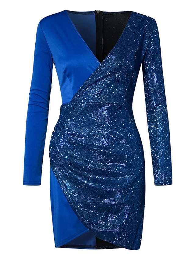flowersverse Women's Cocktail Party Dress Sequin Dress Bodycon Mini Dress Black Wine Navy Blue Long Sleeve Pure Color Sequins Winter Fall Autumn V Neck Winter Dress Fall Dress Slim S M L XL 2XL