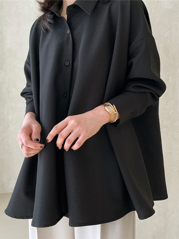 flowersverse Buttoned Solid Color Long Sleeves Loose Lapel Blouses&Shirts Tops