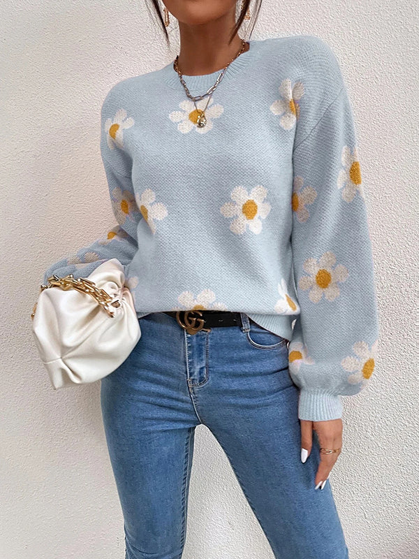 flowersverse Contrast Color Floral Printed Split-Joint Long Sleeves Loose Round-Neck Sweater Tops