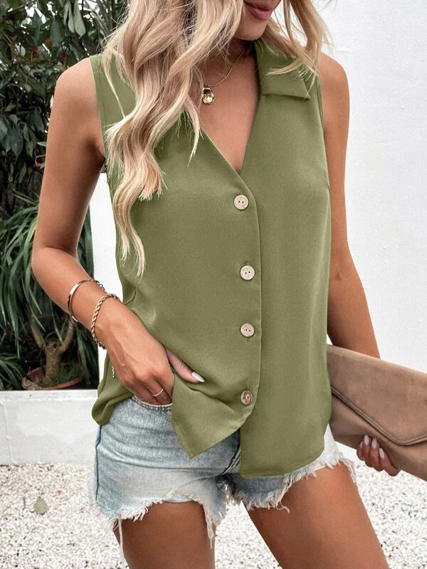 flowersverse Buttoned Solid Color Split-Joint Loose Sleeveless V-neck Vest Top