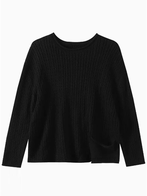 flowersverse Artistic Retro Loose Long Sleeves Jacquard Solid Color Round-Neck Sweater Tops