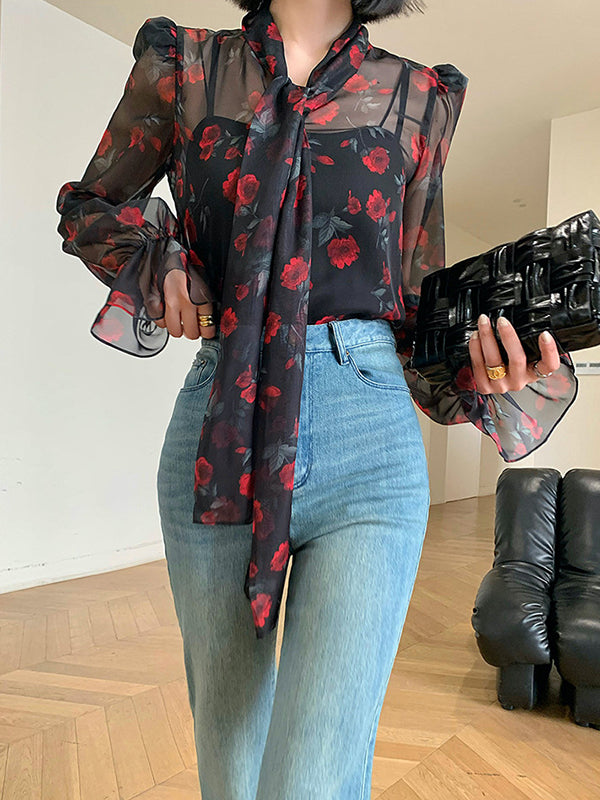 flowersverse Elasticity Flower Print Mesh Tied Flared Sleeves Long Sleeves V-Neck Blouses&Shirts Tops