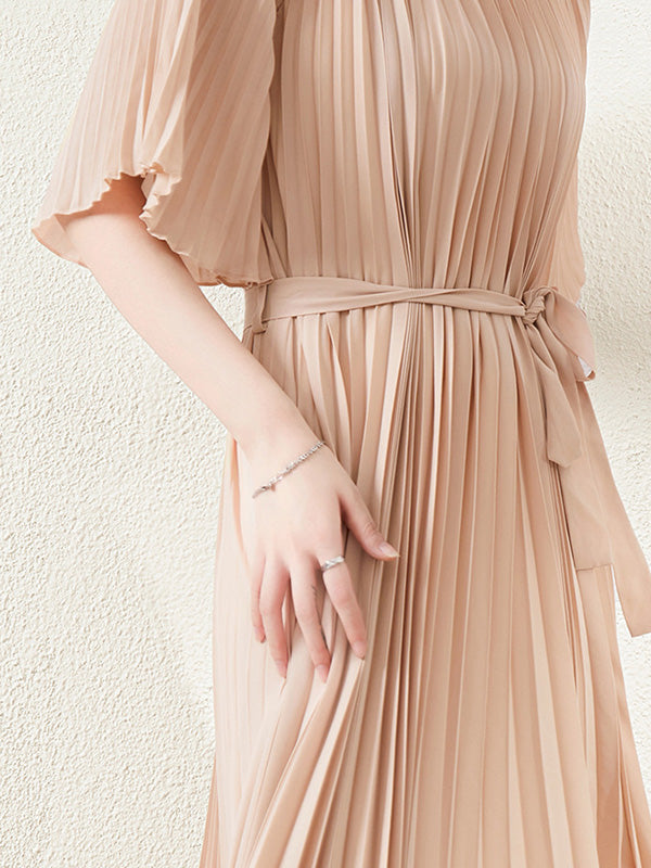 flowersverse Loose Pleated With Waistband Solid Color Round-Neck Maxi Dresses