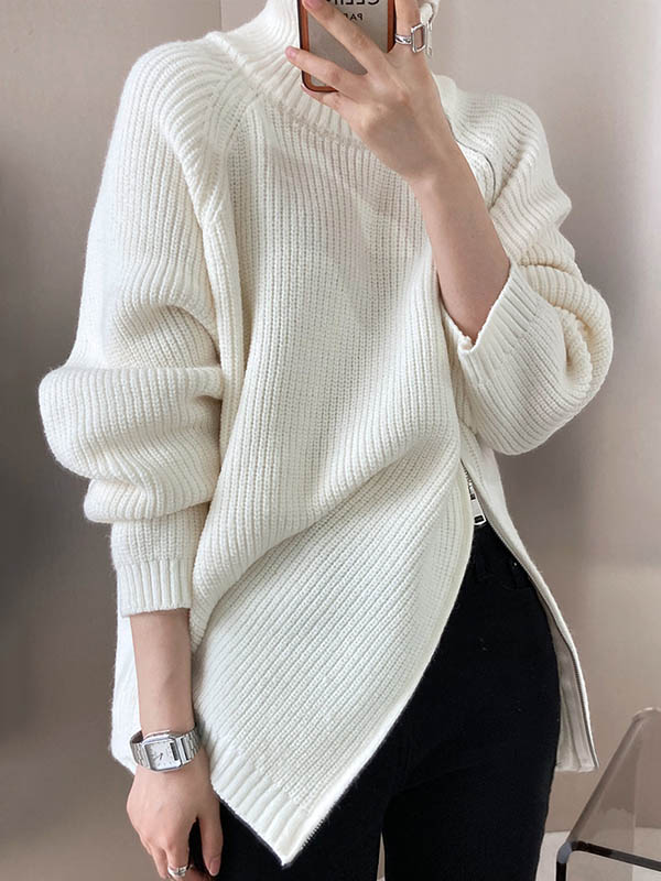 flowersverse Split-Joint Split-Side Zipper Long Sleeves Loose High Neck Sweater Tops