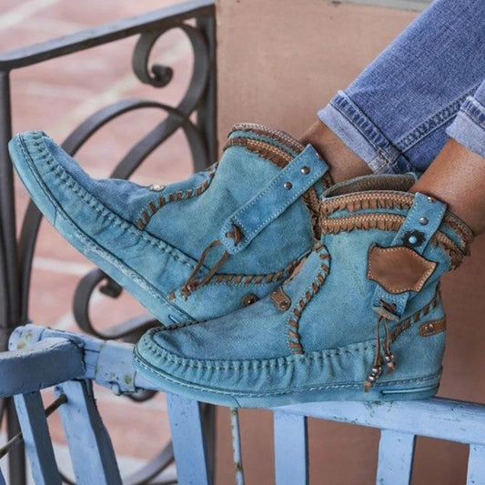 flowersverse Bohemian Style Casual Blue Boots