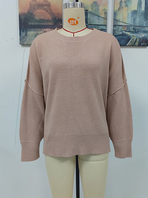 flowersverse Casual Long Sleeves Loose Split-Side Solid Color Round-Neck Sweater Tops