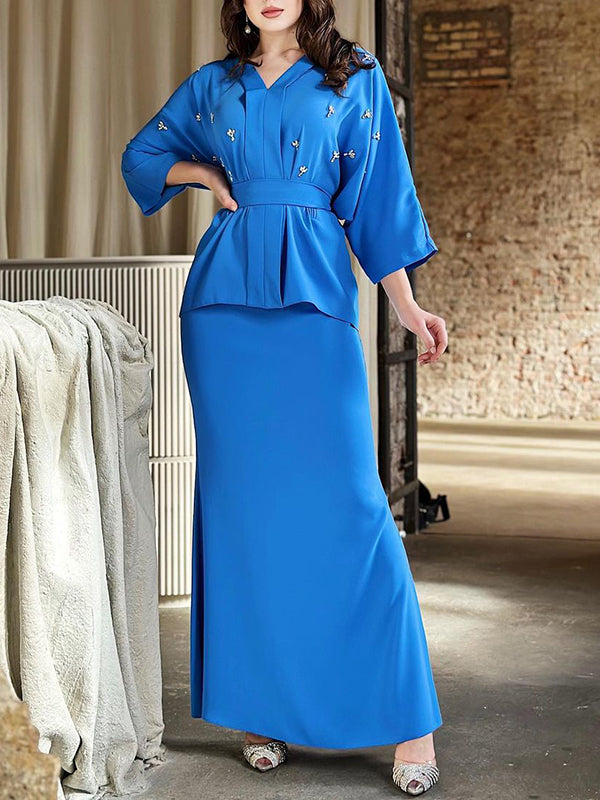 flowersverse Solid Color Tied Waist V-Neck Blouses & Bodycon Skirts Suits