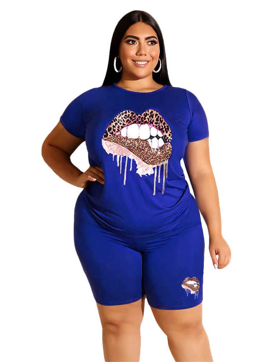 flowersverse Plus Size Two Piece Short Sleeve Tops+Shorts Sets