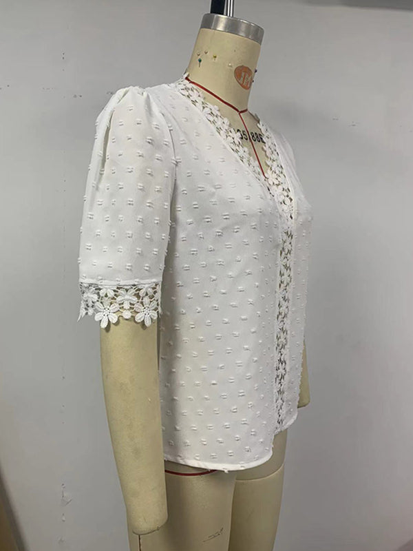 flowersverse Applique Solid Color Loose Short Sleeves V-neck Blouses&shirts Tops