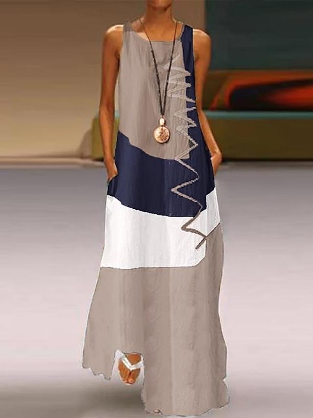 flowersverse Women's A-Line Dress Maxi long Dress - Sleeveless Color Block Patchwork Summer Plus Size Casual Holiday Vacation White Red Khaki Dusty Blue S M L XL XXL XXXL XXXXL XXXXXL