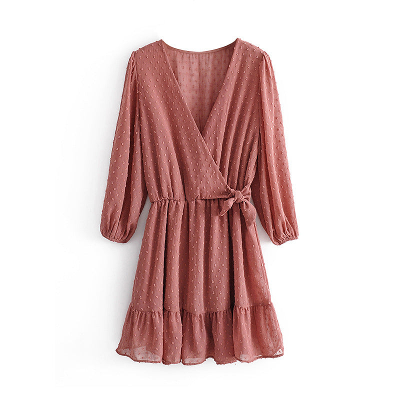 flowersverse Sexy V-Neck Slim Lantern Sleeve Tulle Jacquard High Waist A-Line Pleated Skirt Black Dresses