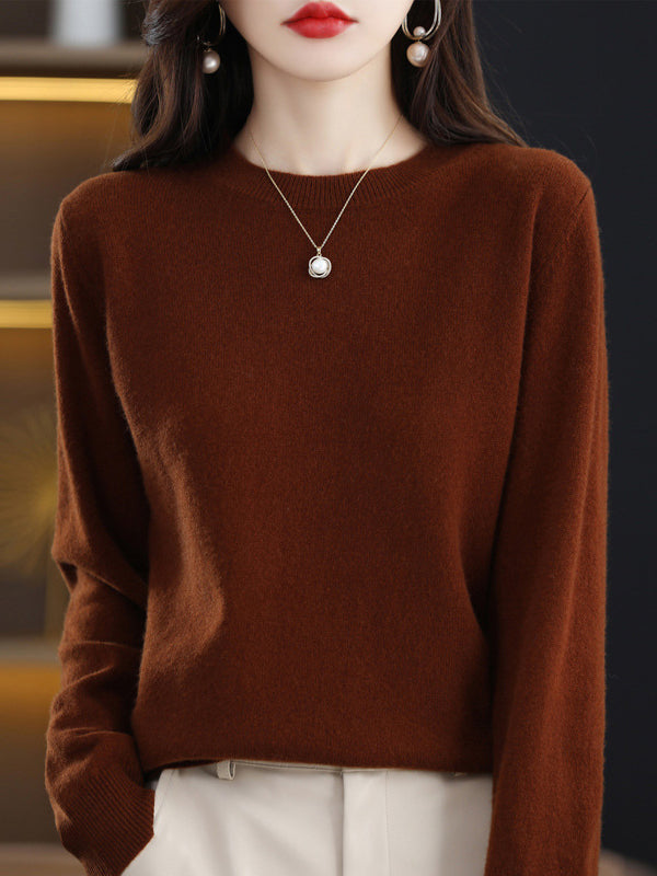 flowersverse Casual Long Sleeves Loose Solid Color Round-Neck Sweater Tops
