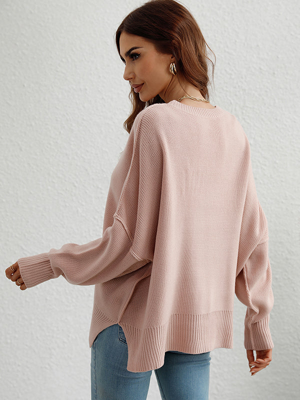 flowersverse Casual Long Sleeves Loose Split-Side Solid Color Round-Neck Sweater Tops