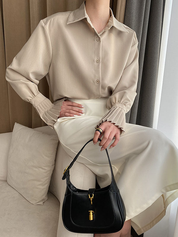 flowersverse Solid Color Flared Sleeves Lapel Blouses&Shirts Tops