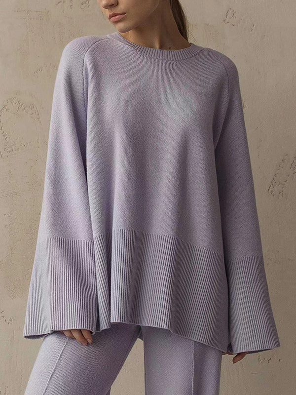 flowersverse Casual Long Sleeves Loose Solid Color Round-Neck Sweater Tops & Wide Leg Pants Two Pieces Set