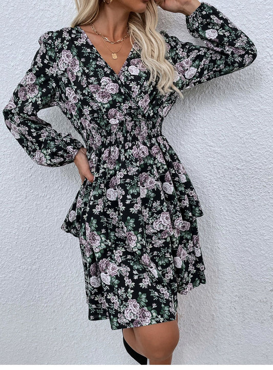 flowersverse Women Spring Fall V Neck Long Sleeve Floral A Line Dress For Ladies Fashion Puff Sleeve Printed All Match Waist Dress