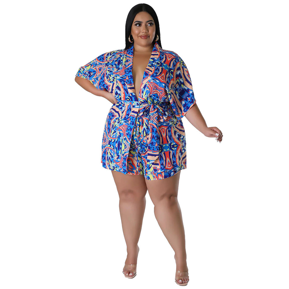 flowersverse Summer Plus Size Loose Print Blouse Lace-Up Shorts Multi-Color Two-Piece Set