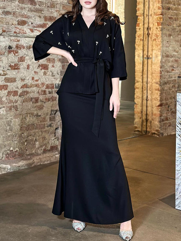 flowersverse Solid Color Tied Waist V-Neck Blouses & Bodycon Skirts Suits
