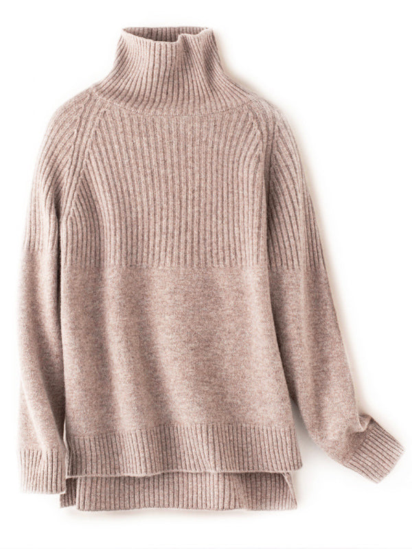 flowersverse Casual Long Sleeves Loose Solid Color High-Neck Sweater Tops