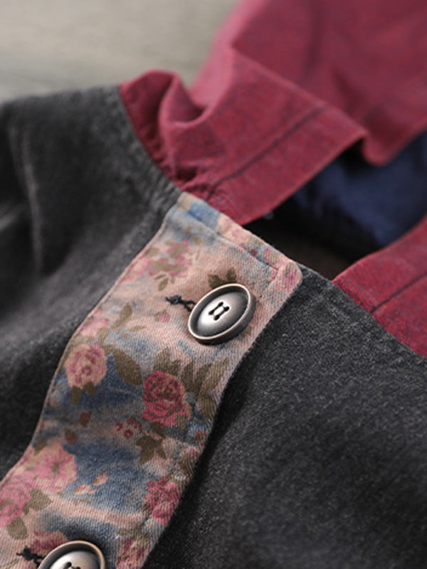 flowersverse Artistic Retro Loose Denim Sleeveless Buttoned Contrast Color Hooded Vest Outerwear