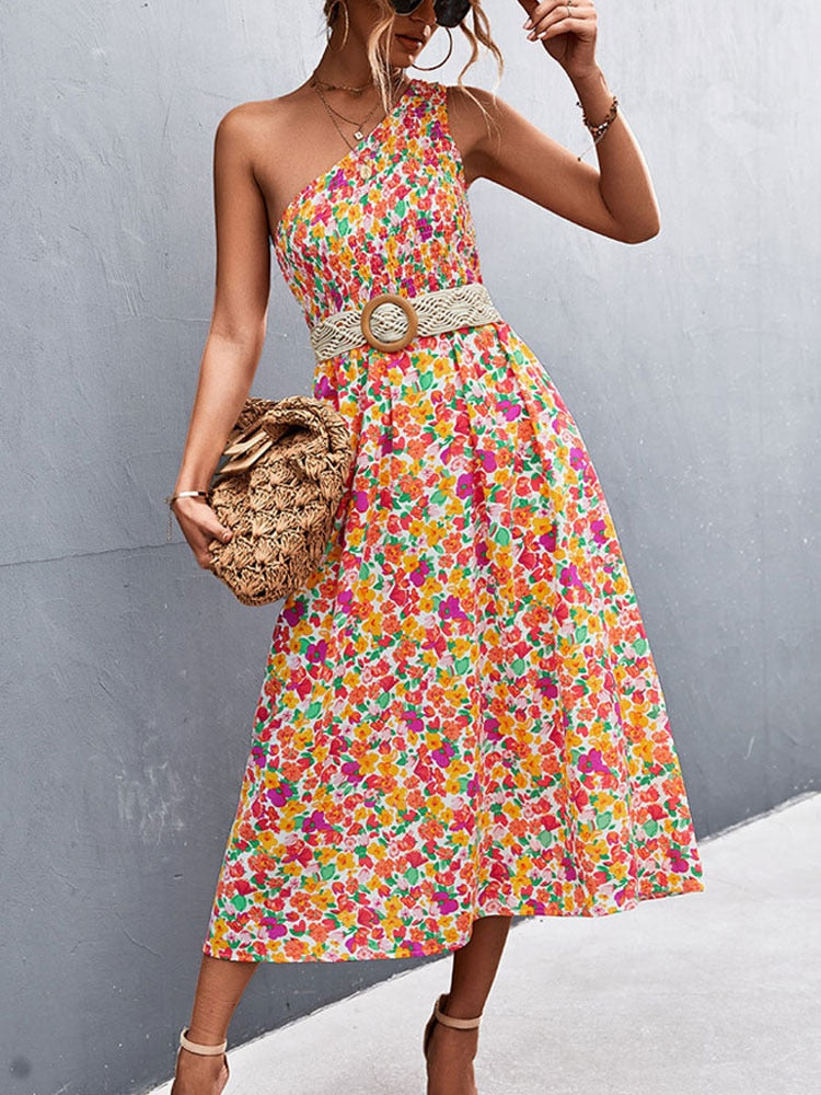 flowersverse Fashionkova Summer Maxi Boho Dress Women One Shoulder Long Floral Dress Ladies Elegant Print Bohemian Flower Dress For Women