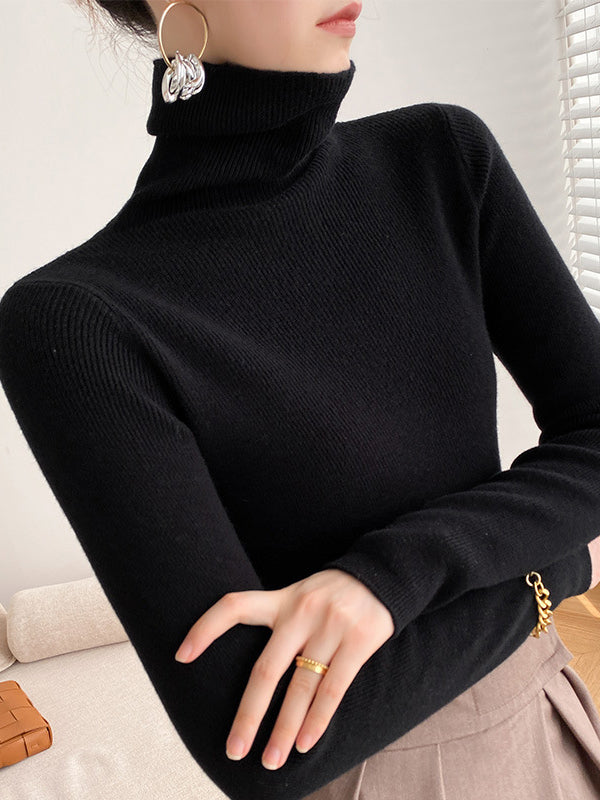 flowersverse Simple Skinny Long Sleeves Solid Color Sweater Tops