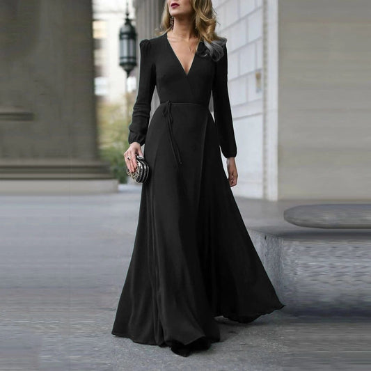 flowersverse Vintage Formal Dress Women Lady V Neck Long Sleeve Maxi Dress Autumn Winter Evening Party Wedding Prom Gown Dress