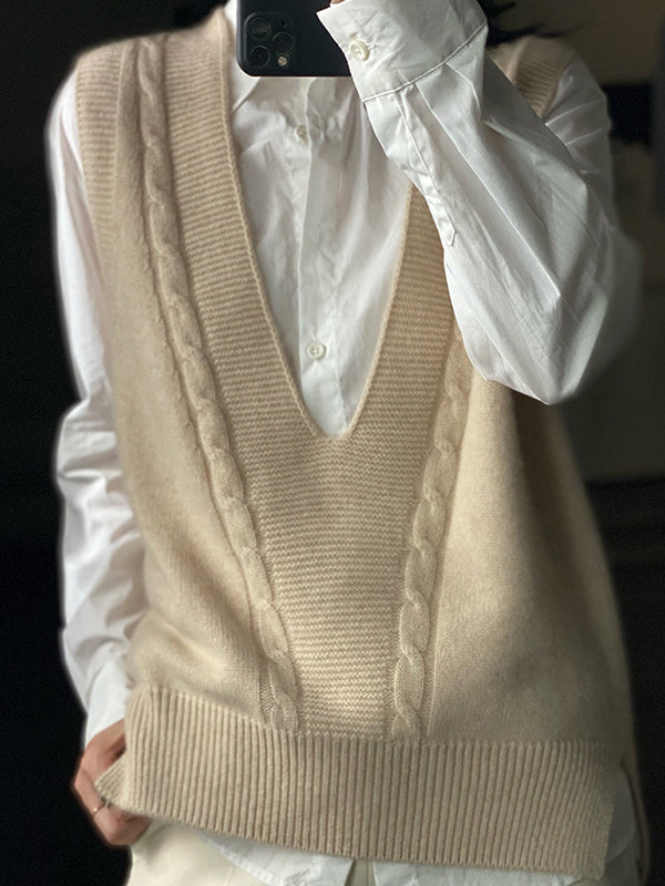 flowersverse Casual Loose Knitting Sleeveless Solid Color V-Neck Vest Top