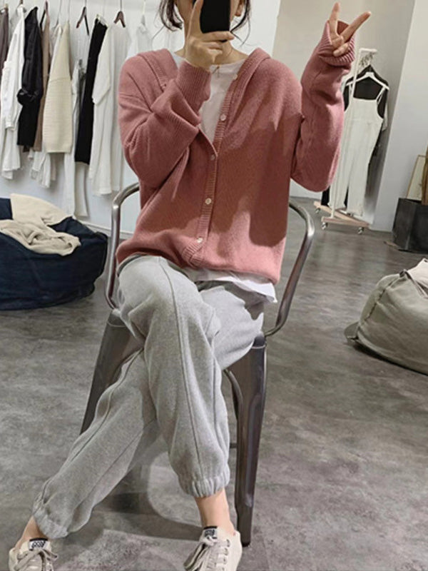 flowersverse Simple Loose Long Sleeves Buttoned Solid Color Hooded Sweater Cardigan Coats