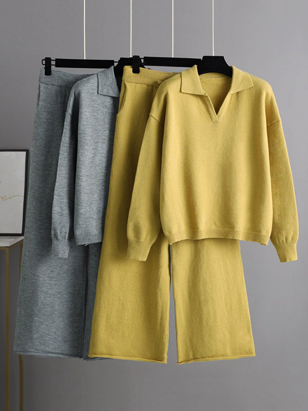flowersverse Urban Long Sleeves Solid Color Polo Sweater Tops & Wide Leg Pants Two Pieces Set