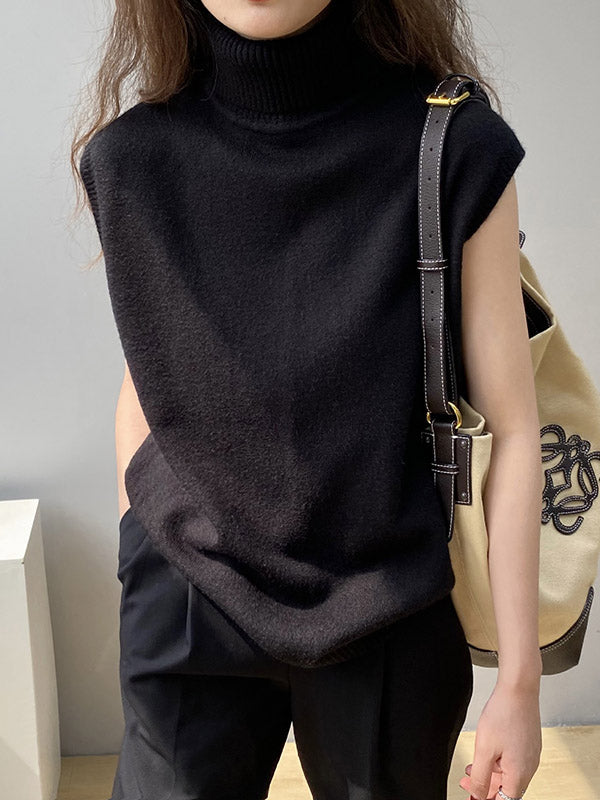 flowersverse Simple Loose Solid Color High-Neck Knitting Vest Top