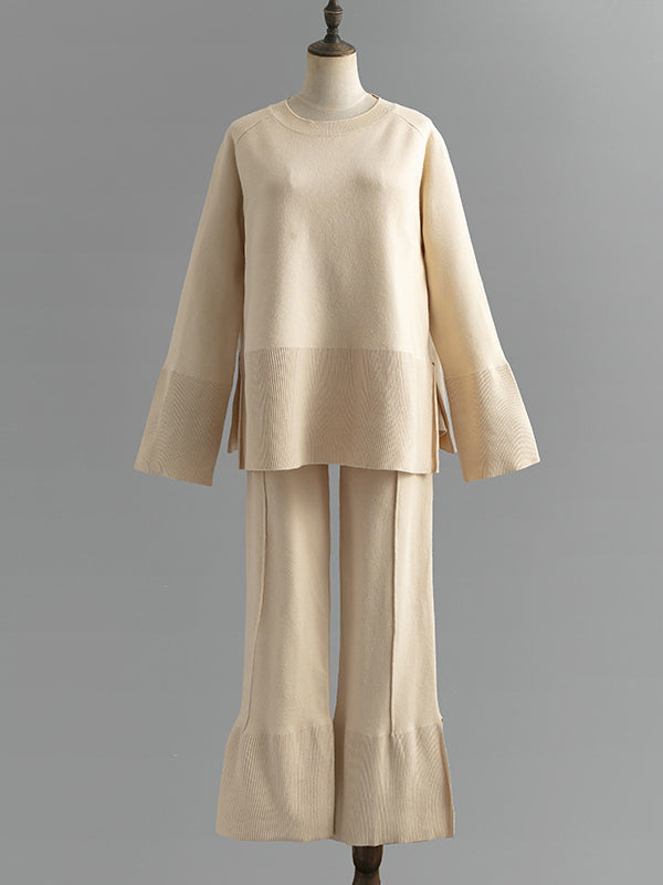 flowersverse Casual Long Sleeves Loose Solid Color Round-Neck Sweater Tops & Wide Leg Pants Two Pieces Set