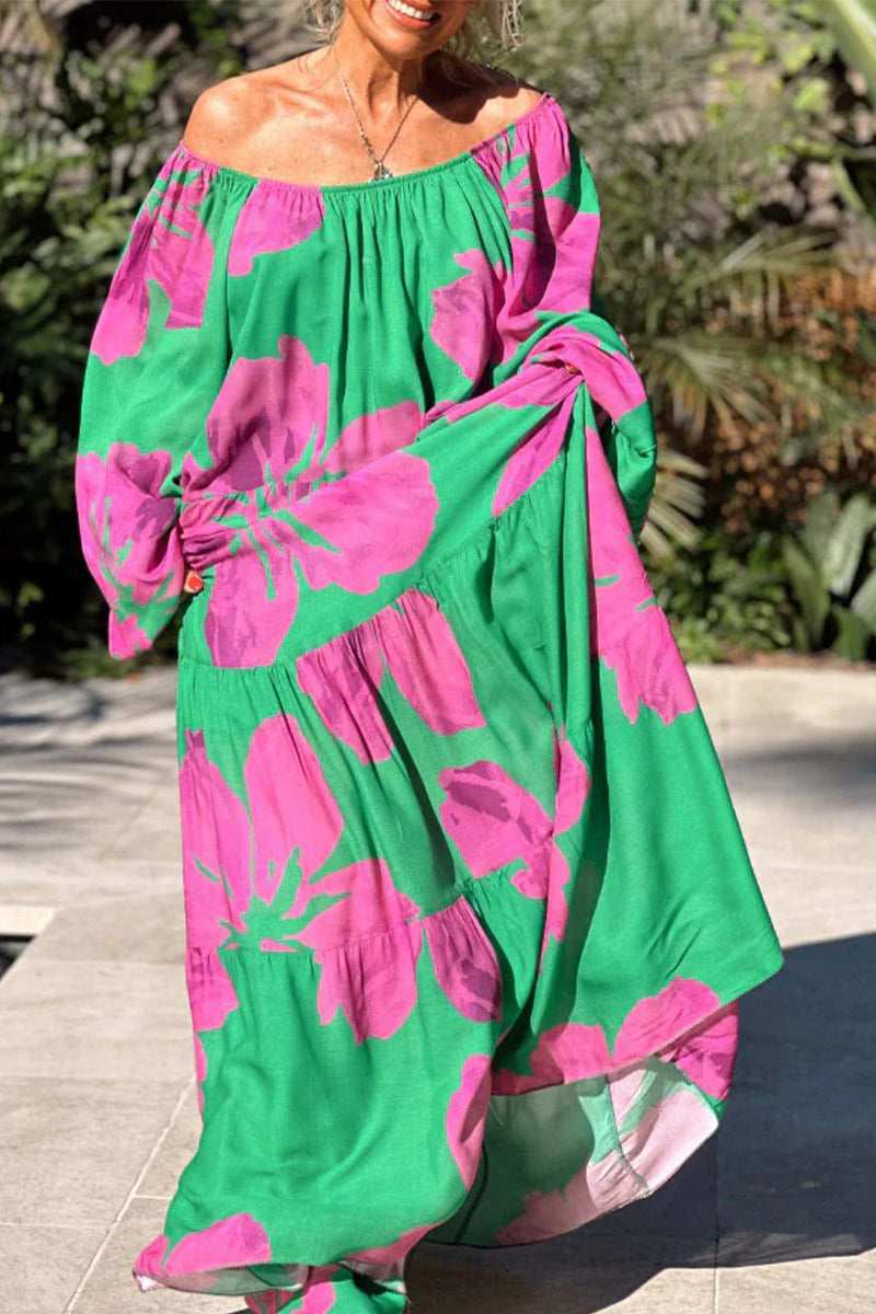 flowersverse Casual Vacation Floral Patchwork Off the Shoulder Printed Dress Dresses(4 Colors)