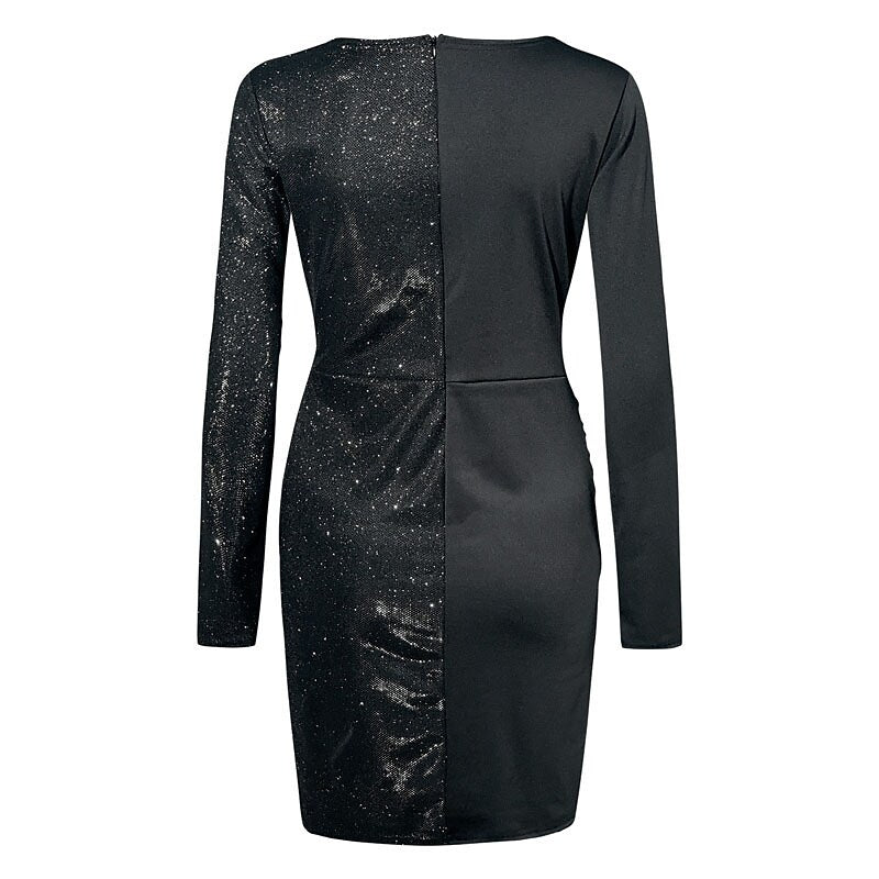 flowersverse Women's Cocktail Party Dress Sequin Dress Bodycon Mini Dress Black Wine Navy Blue Long Sleeve Pure Color Sequins Winter Fall Autumn V Neck Winter Dress Fall Dress Slim S M L XL 2XL