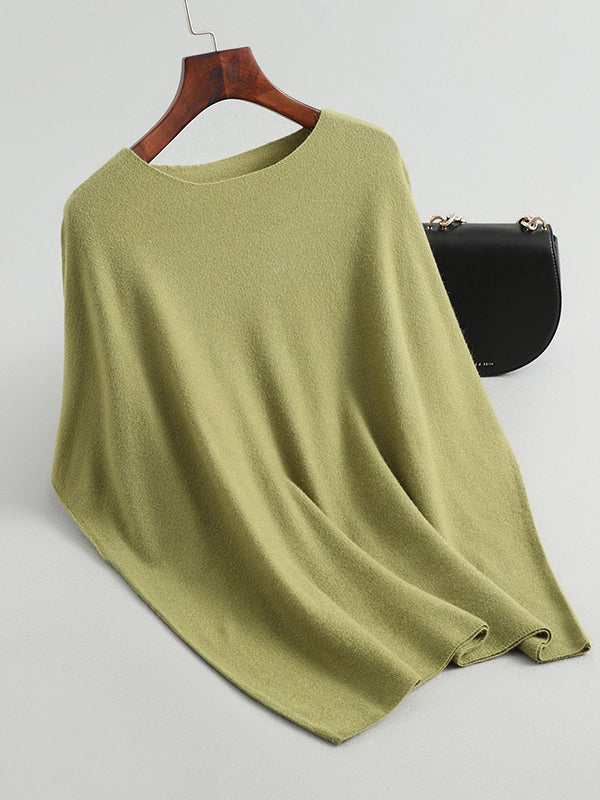 flowersverse Solid Color Half Sleeves Loose Off-The-Shoulder Sweater Tops Pullovers Knitwear