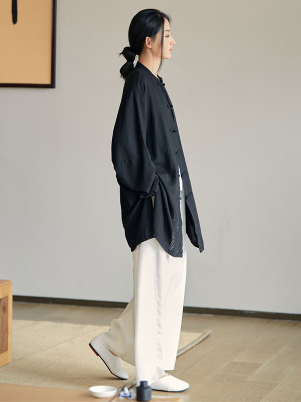 flowersverse Artistic Retro Loose Solid Color Linen Blouse