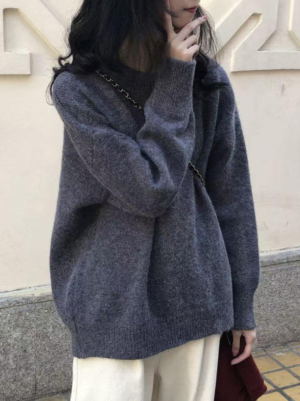 flowersverse Simple Loose Long Sleeves Round-Neck Sweater Tops Pullovers
