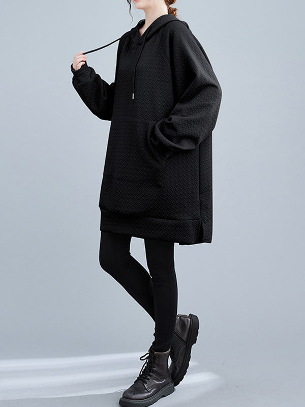 flowersverse Buttoned Drawstring Pockets Solid Color Split-side High-low Long Sleeves Hooded Hoodies Tops