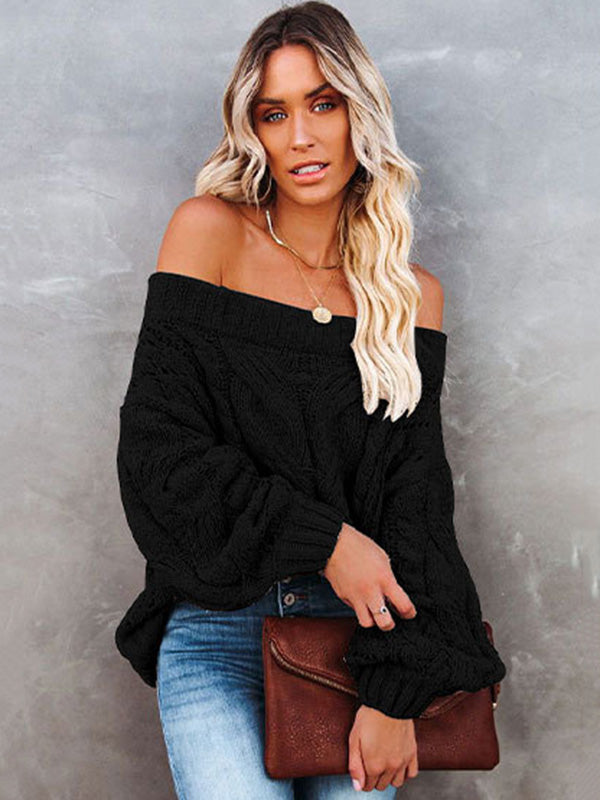 flowersverse Vintage Long Sleeves Loose Solid Color Off-The-Shoulder Sweater Tops