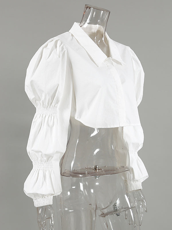 flowersverse Buttoned Elasticity Solid Color Bishop Sleeve Long Sleeves Lapel Blouses&Shirts Tops