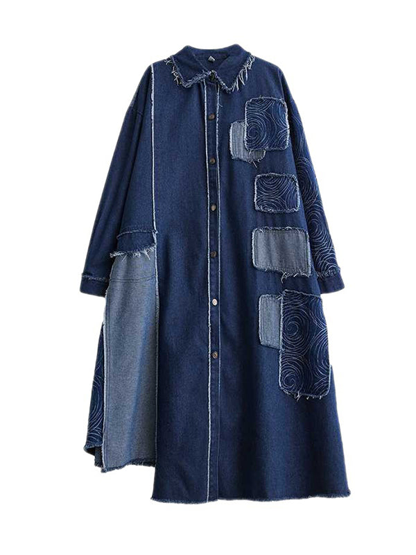 flowersverse Asymmetric Buttoned Fringed Split-Joint Long Sleeves Loose Lapel Trench Coats