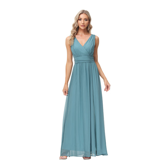 flowersverse Women's chiffon long dress double v-neck sleeveless a swing evening dress
