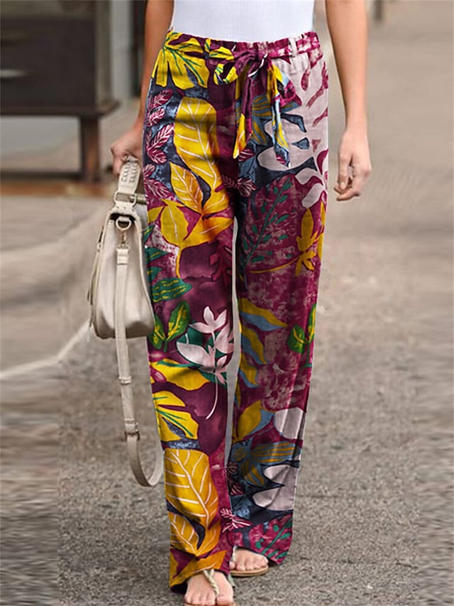 flowersverse Women's Plus Size Loungewear Pants Flower Leaves Basic Casual Comfort Home Daily Vacation Cotton Breathable Pant Spring Summer Black Yellow