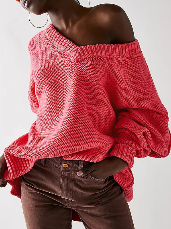 flowersverse Solid Color Velvet Long Sleeves Loose V-Neck Sweater Tops Pullovers
