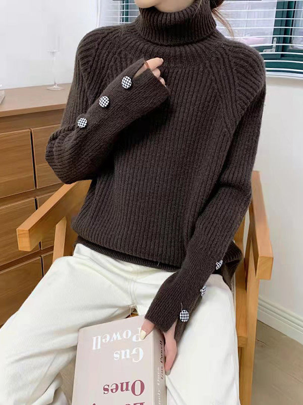 flowersverse Casual Loose Long Sleeves Solid Color High-Neck Sweater Tops