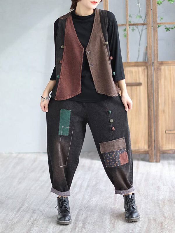 flowersverse Loose Split-Joint V-Neck Vest Top + Jean Harem Pants Bottoms Two Pieces Set