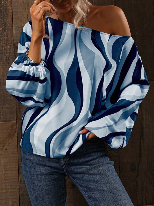 flowersverse Asymmetric Printed Long Sleeves Loose One-Shoulder Blouses&Shirts Tops